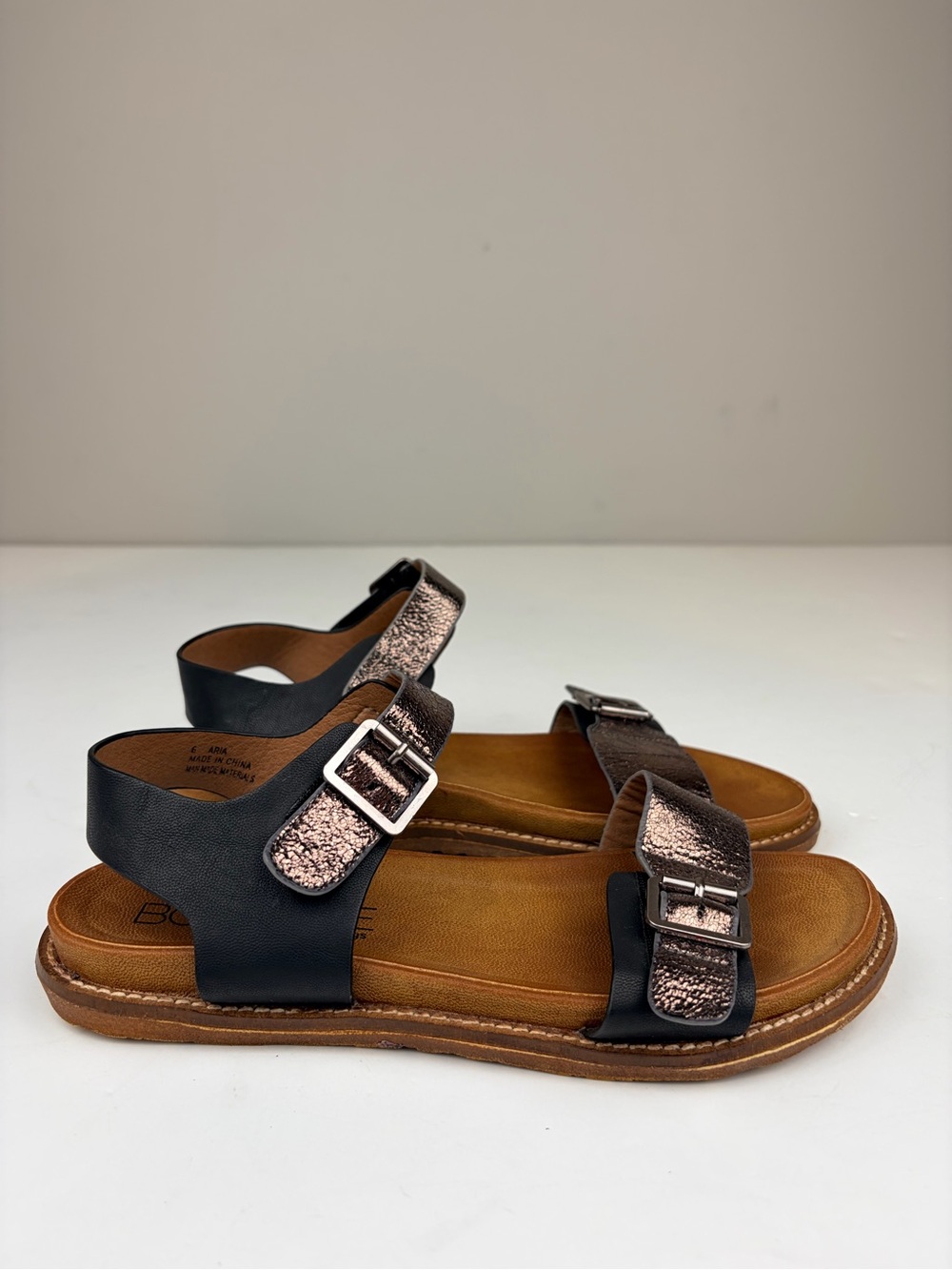 Boutique by Corkys Aria Sandals Womens 6 Black Rose Gold Buckle Comfort Flat